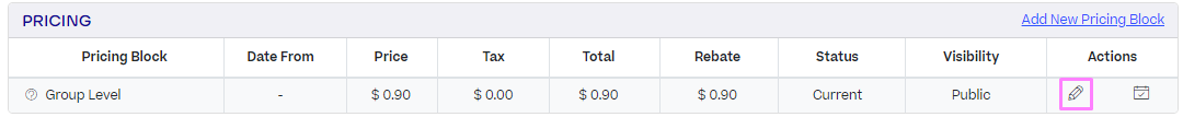 In the Pricing section of a fee, the Edit icon is highlighted