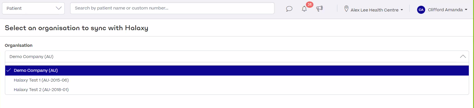 A drop-down menu to select which organisation in Xero to sync with Halaxy