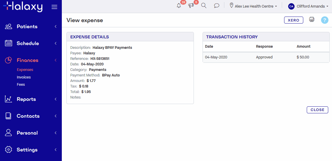 The user clicks the Xero button on an expense to view a sync history