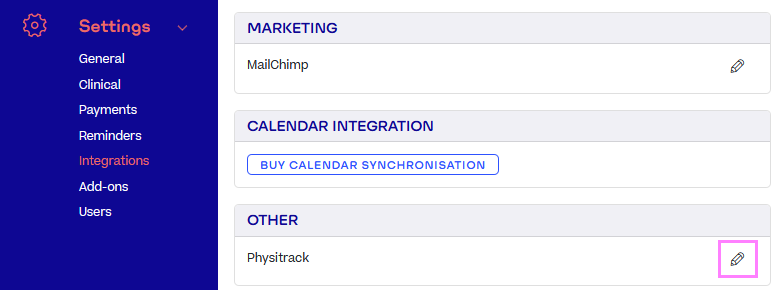 The Settings > Integrations page. The Edit icon for Physitrack is highlighted.